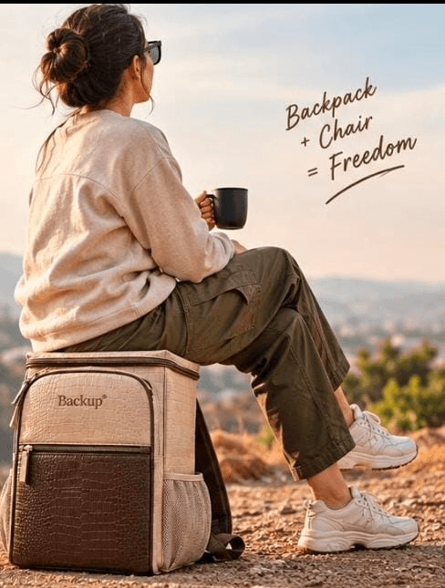 A woman sitting on her BACKUP backpack-seat on a hilltop, holding a coffee mug